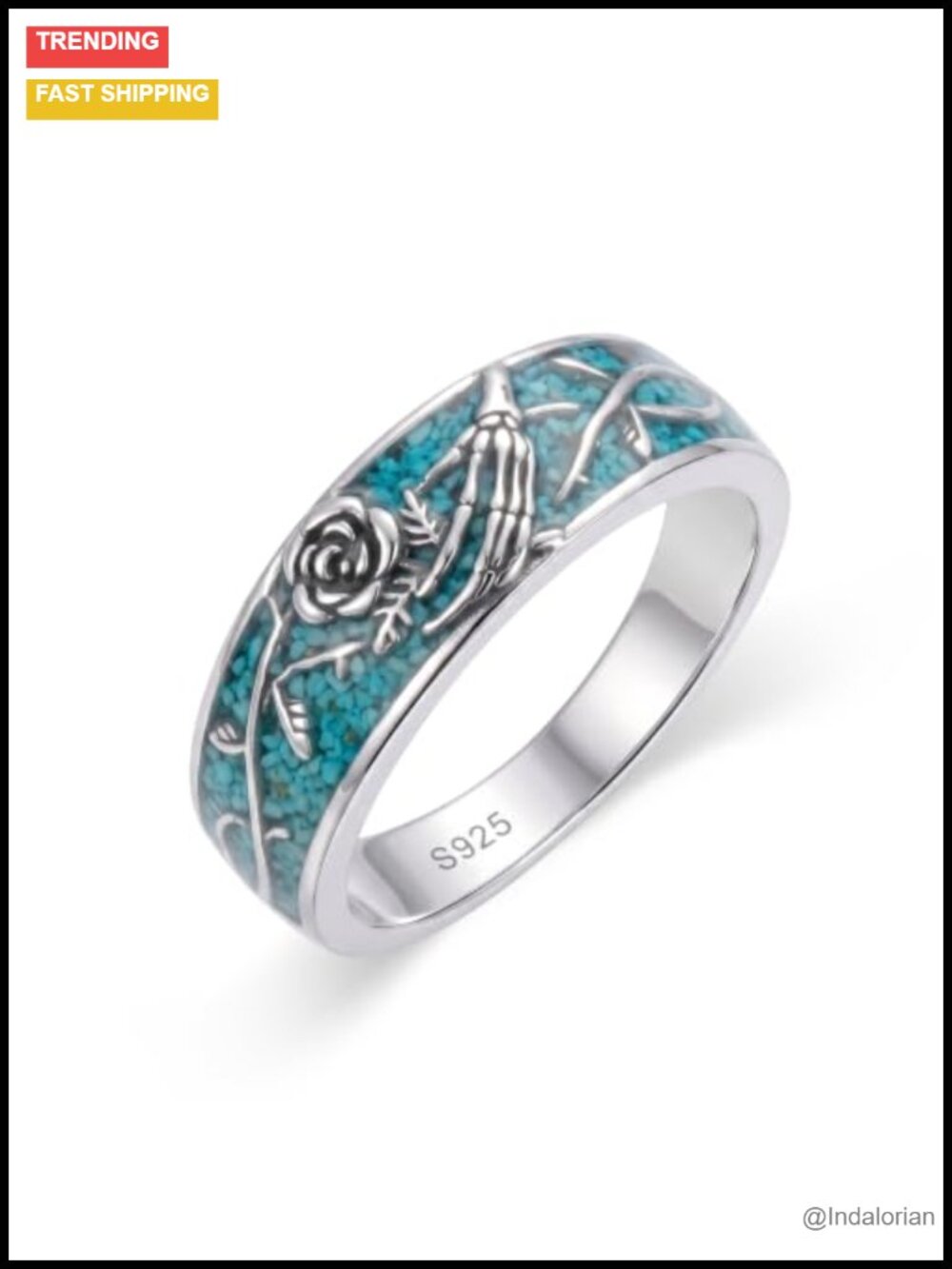 925 Sterling Silver Turquoise Skull Rose Ring Western Gothic Jewelry